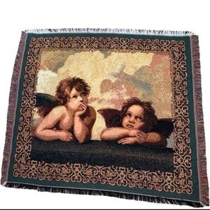 vintage raphael cherub fringe blanket angels  50X45